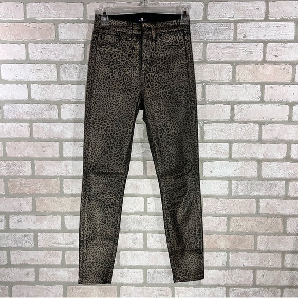 7 For All Mankind High Waist Ankle Skinny Coated Metallic Leopard Print Jeans 24 - Picture 3 of 11